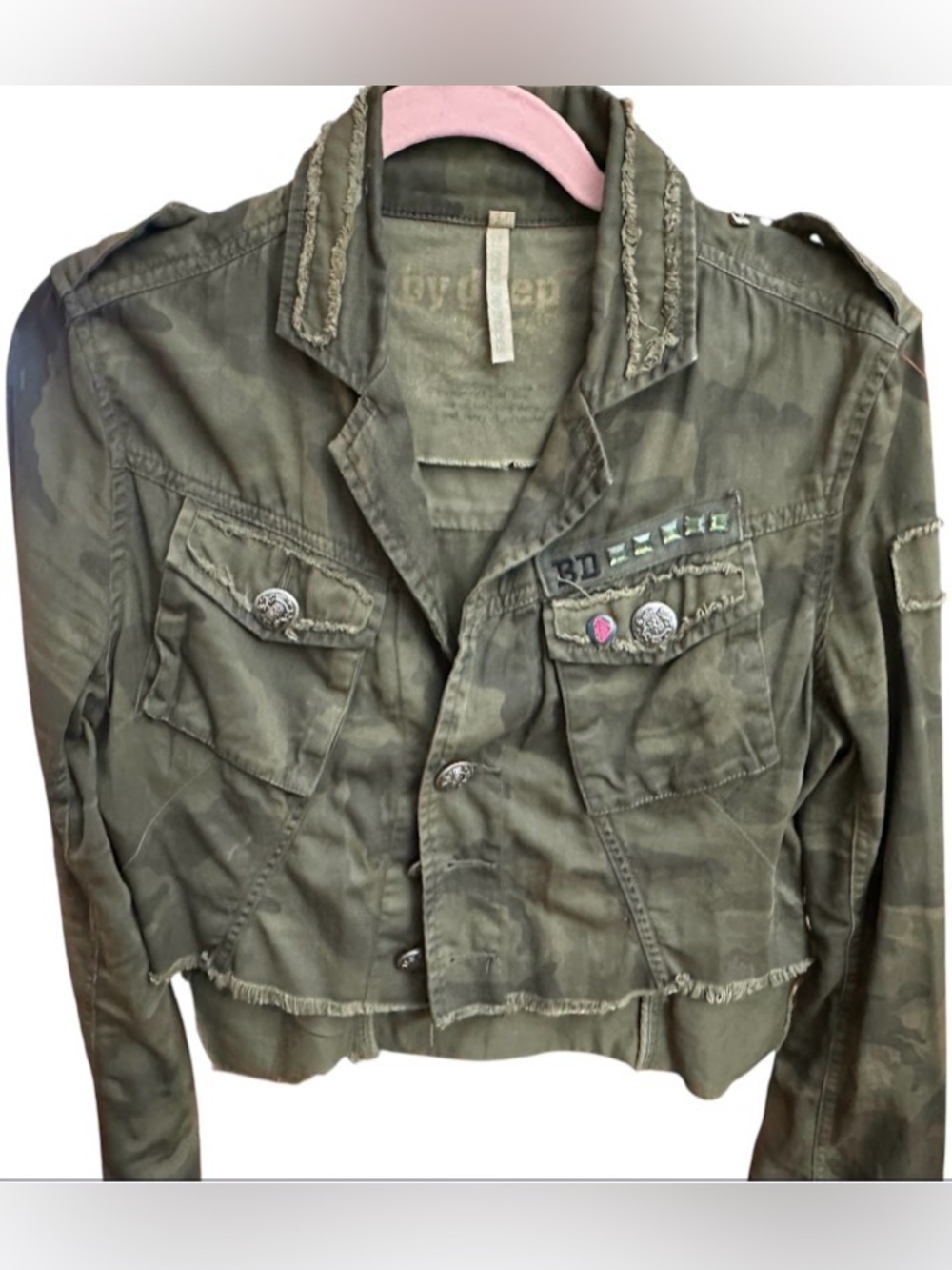 Olive Camouflage Military-Style Cropped Jacket by Deep Los Angeles L